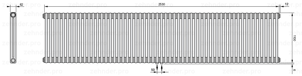 Схема (чертеж) Радиатор Zehnder Charleston 2110/55 №5410 Белый глянцевый RAL 9016